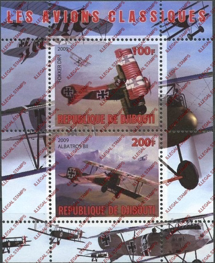 Djibouti 2009 Classic Planes Illegal Stamp Souvenir Sheet of 2 Djibouti 2009 Classic Planes Illegal Stamp Souvenir Sheet of 2