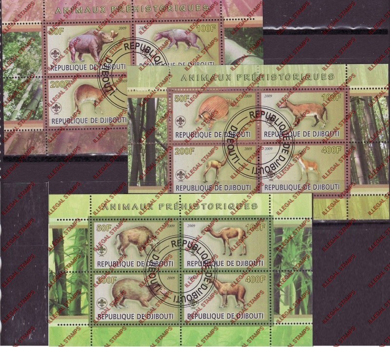 Djibouti 2009 Prehistoric Animals Illegal Stamp Souvenir Sheets of 4 Djibouti 2009 Prehistoric Animals Illegal Stamp Souvenir Sheets of 4
