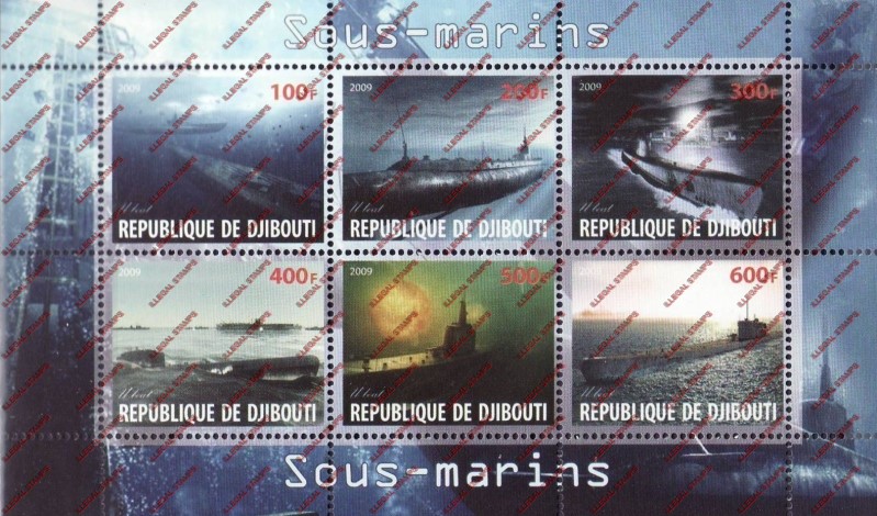 Djibouti 2009 Submarines Illegal Stamp Sheetlet of 6 Djibouti 2009 Submarines Illegal Stamp Sheetlet of 6