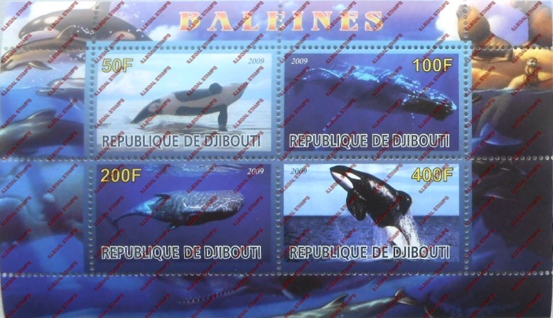Djibouti 2009 Whales Illegal Stamp Souvenir Sheet of 4 Djibouti 2009 Whales Illegal Stamp Souvenir Sheet of 4