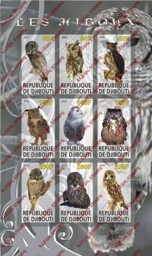 Djibouti 2010 African Owls Illegal Stamp Sheetlet of 9 Djibouti 2010 African Owls Illegal Stamp Sheetlet of 9