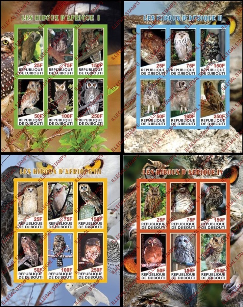 Djibouti 2010 African Owls Illegal Stamp Souvenir Sheets of 4 Djibouti 2010 African Owls Illegal Stamp Souvenir Sheets of 4