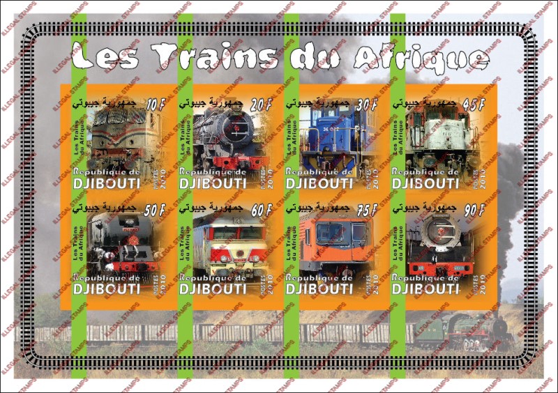 Djibouti 2010 African Trains Illegal Stamp Sheetlet of 8 Djibouti 2010 African Trains Illegal Stamp Sheetlet of 8