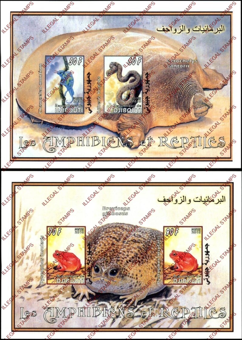 Djibouti 2010 Amphibians and Reptiles Illegal Stamp Souvenir Sheets of 2 Djibouti 2010 Amphibians and Reptiles Illegal Stamp Souvenir Sheets of 2