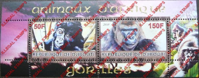 Djibouti 2010 Animals of Africa Gorillas Illegal Stamp Souvenir Sheet of 2 Djibouti 2010 Animals of Africa Gorillas Illegal Stamp Souvenir Sheet of 2