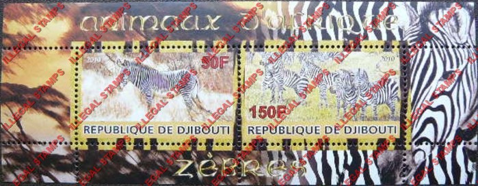 Djibouti 2010 Animals of Africa Zebras Illegal Stamp Souvenir Sheet of 2 Djibouti 2010 Animals of Africa Zebras Illegal Stamp Souvenir Sheet of 2