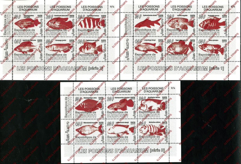 Djibouti 2010 Aquarium Fish Illegal Stamp Sheetlets of 6 Djibouti 2010 Aquarium Fish Illegal Stamp Sheetlets of 6