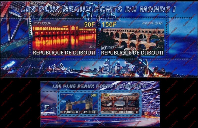 Djibouti 2010 Bridges of the World Illegal Stamp Souvenir Sheets of 2 Djibouti 2010 Bridges of the World Illegal Stamp Souvenir Sheets of 2