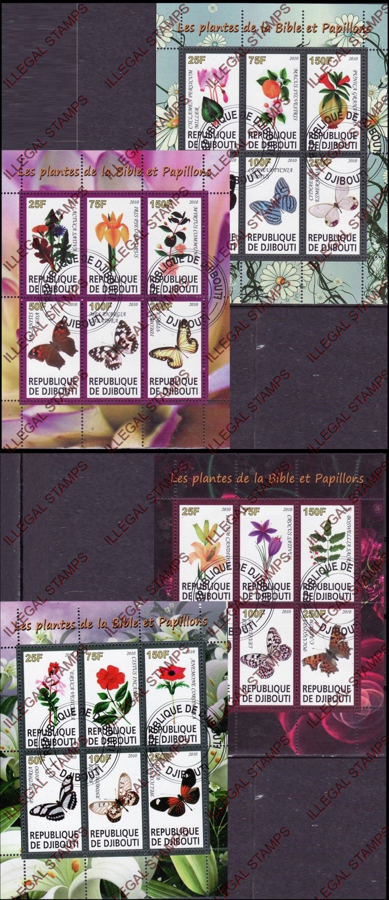 Djibouti 2010 Butterflies and Flowers Illegal Stamp Sheetlets of 6 Djibouti 2010 Butterflies and Flowers Illegal Stamp Sheetlets of 6