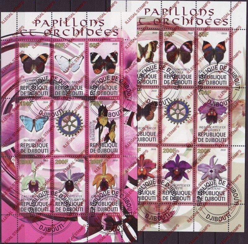 Djibouti 2010 Butterflies and Orchids Illegal Stamp Sheetlets of 9 Djibouti 2010 Butterflies and Orchids Illegal Stamp Sheetlets of 9