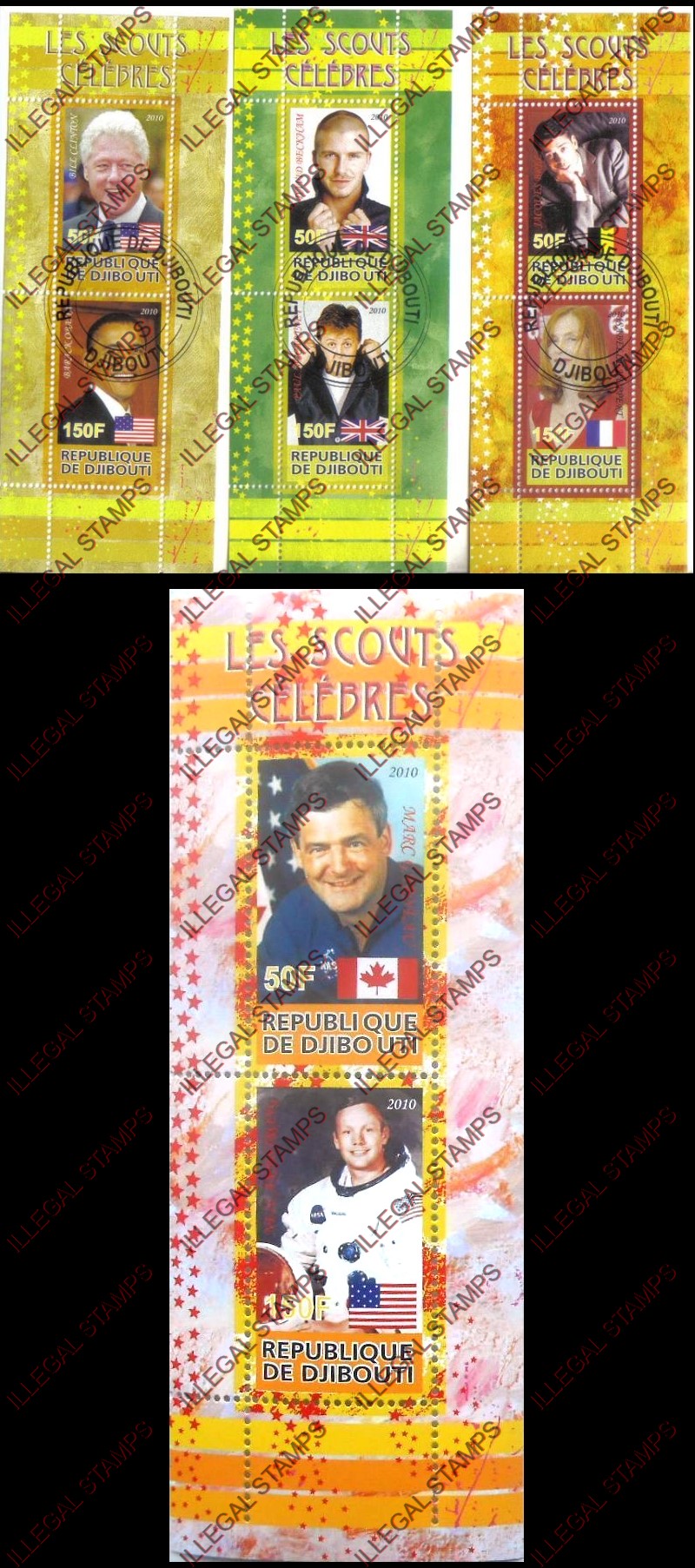Djibouti 2010 Celebrities (Clinton, Obama, McCartney, Beckham, Brel, Huppert, Armstrong, Garneau) Illegal Stamp Souvenir Sheets of 2 Djibouti 2010 Celebrities (Clinton, Obama, McCartney, Beckham, Brel, Huppert, Armstrong, Garneau) Illegal Stamp Souvenir Sheets of 2