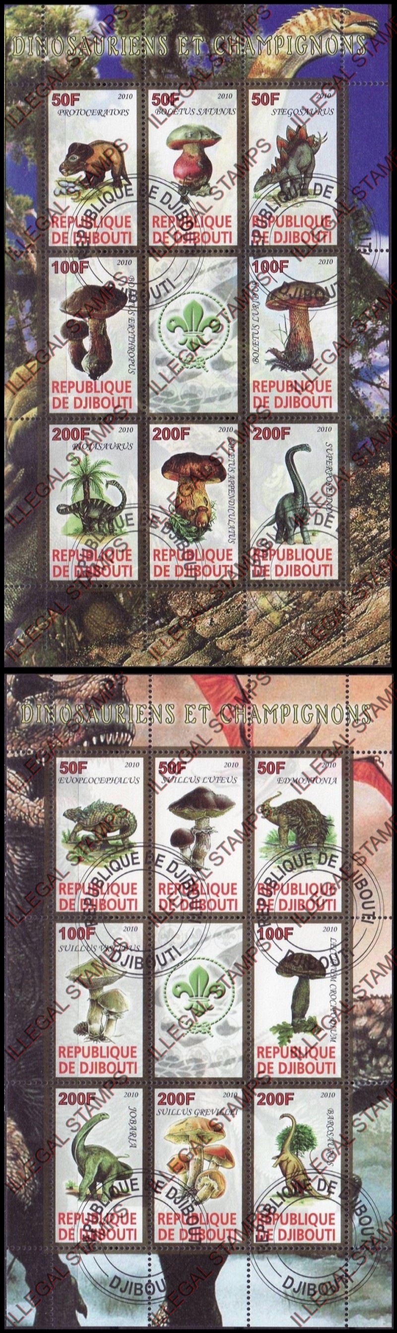 Djibouti 2010 Dinosaurs and Mushrooms Illegal Stamp Sheetlets of 9 Djibouti 2010 Dinosaurs and Mushrooms Illegal Stamp Sheetlets of 9