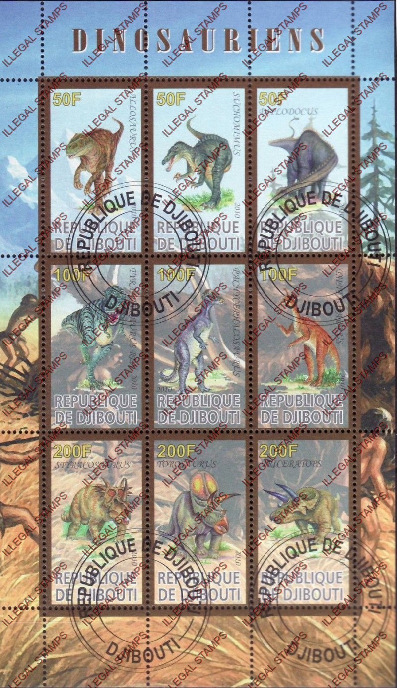 Djibouti 2010 Dinosaurs Illegal Stamp Sheetlet of 9 Djibouti 2010 Dinosaurs Illegal Stamp Sheetlet of 9