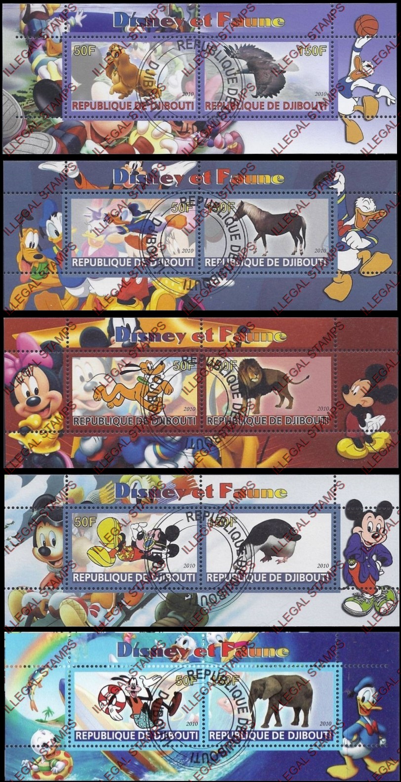 Djibouti 2010 Disney and Fauna Illegal Stamp Souvenir Sheets of 2 Djibouti 2010 Disney and Fauna Illegal Stamp Souvenir Sheets of 2