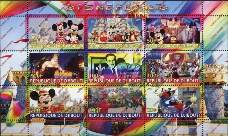 Djibouti 2010 Disneyland Illegal Stamp Sheetlet of 9 Djibouti 2010 Disneyland Illegal Stamp Sheetlet of 9