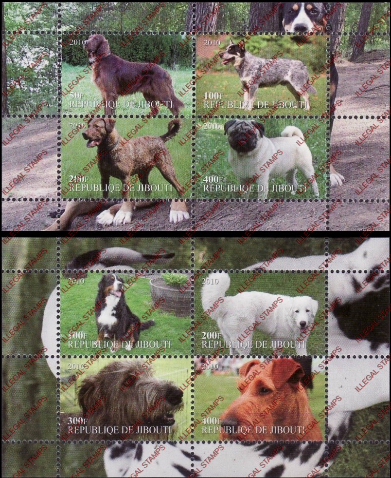 Djibouti 2010 Dogs Illegal Stamp Souvenir Sheets of 4 Djibouti 2010 Dogs Illegal Stamp Souvenir Sheets of 4