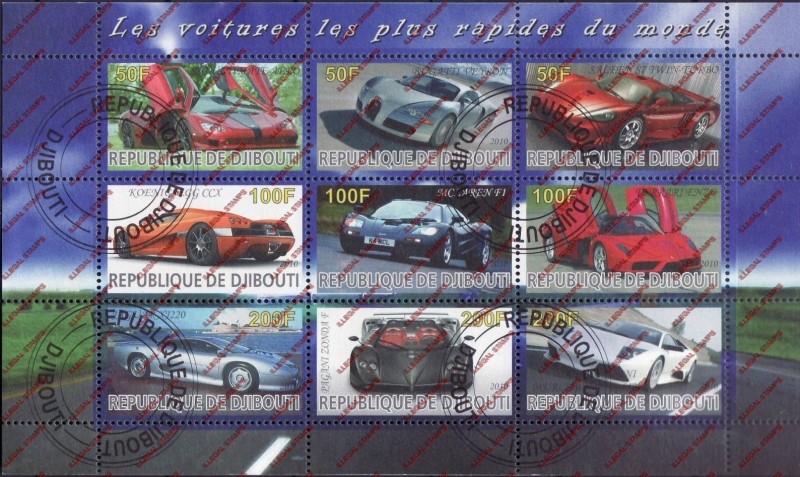 Djibouti 2010 Fast Cars of the World Illegal Stamp Sheetlet of 9 Djibouti 2010 Fast Cars of the World Illegal Stamp Sheetlet of 9