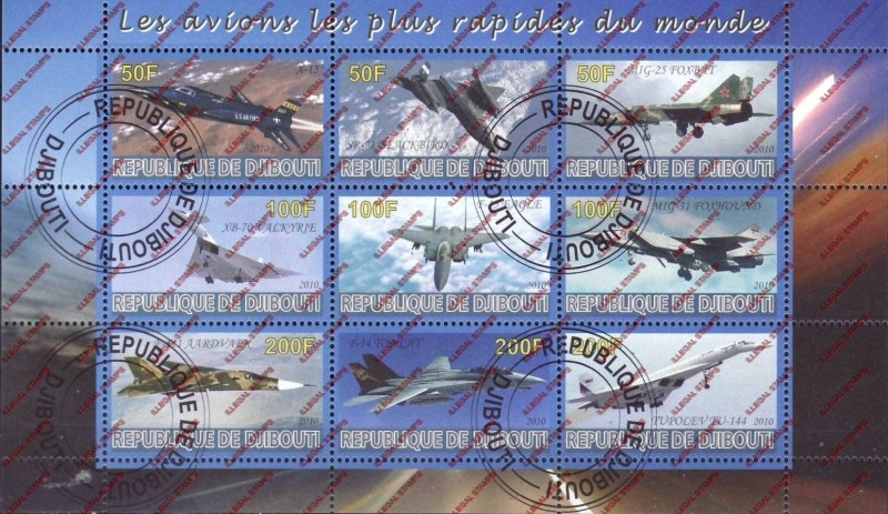 Djibouti 2010 Fast Planes of the World Illegal Stamp Sheetlet of 9 Djibouti 2010 Fast Planes of the World Illegal Stamp Sheetlet of 9