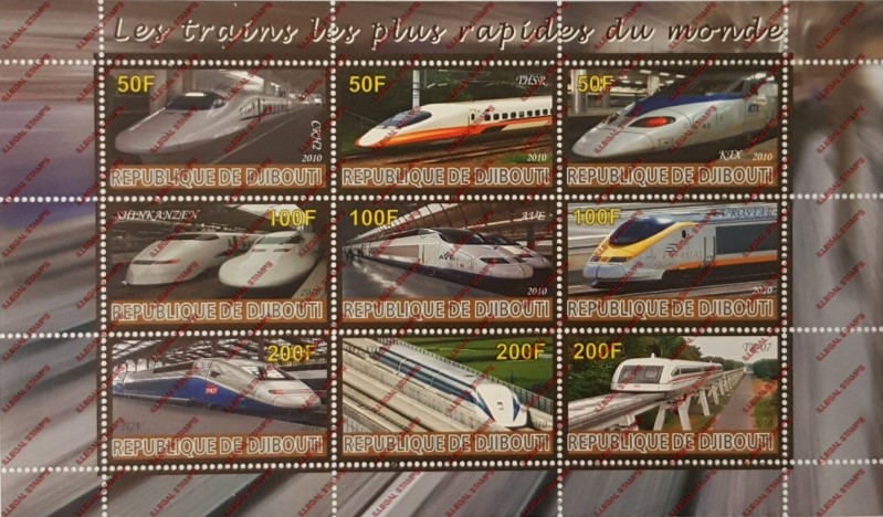 Djibouti 2010 Fast Trains of the World Illegal Stamp Sheetlet of 9 Djibouti 2010 Fast Trains of the World Illegal Stamp Sheetlet of 9