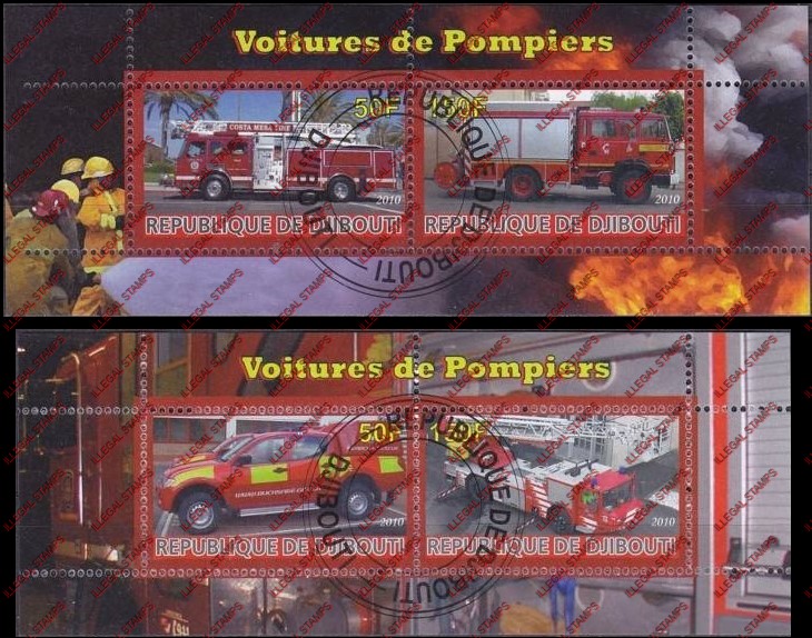 Djibouti 2010 Fire Engines Illegal Stamp Souvenir Sheets of 2 Djibouti 2010 Fire Engines Illegal Stamp Souvenir Sheets of 2