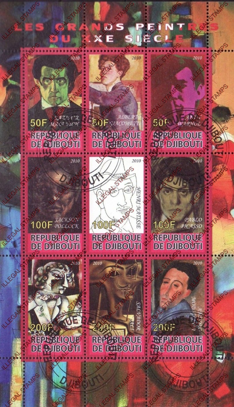 Djibouti 2010 Great Painters Illegal Stamp Sheetlet of 9 Djibouti 2010 Great Painters Illegal Stamp Sheetlet of 9