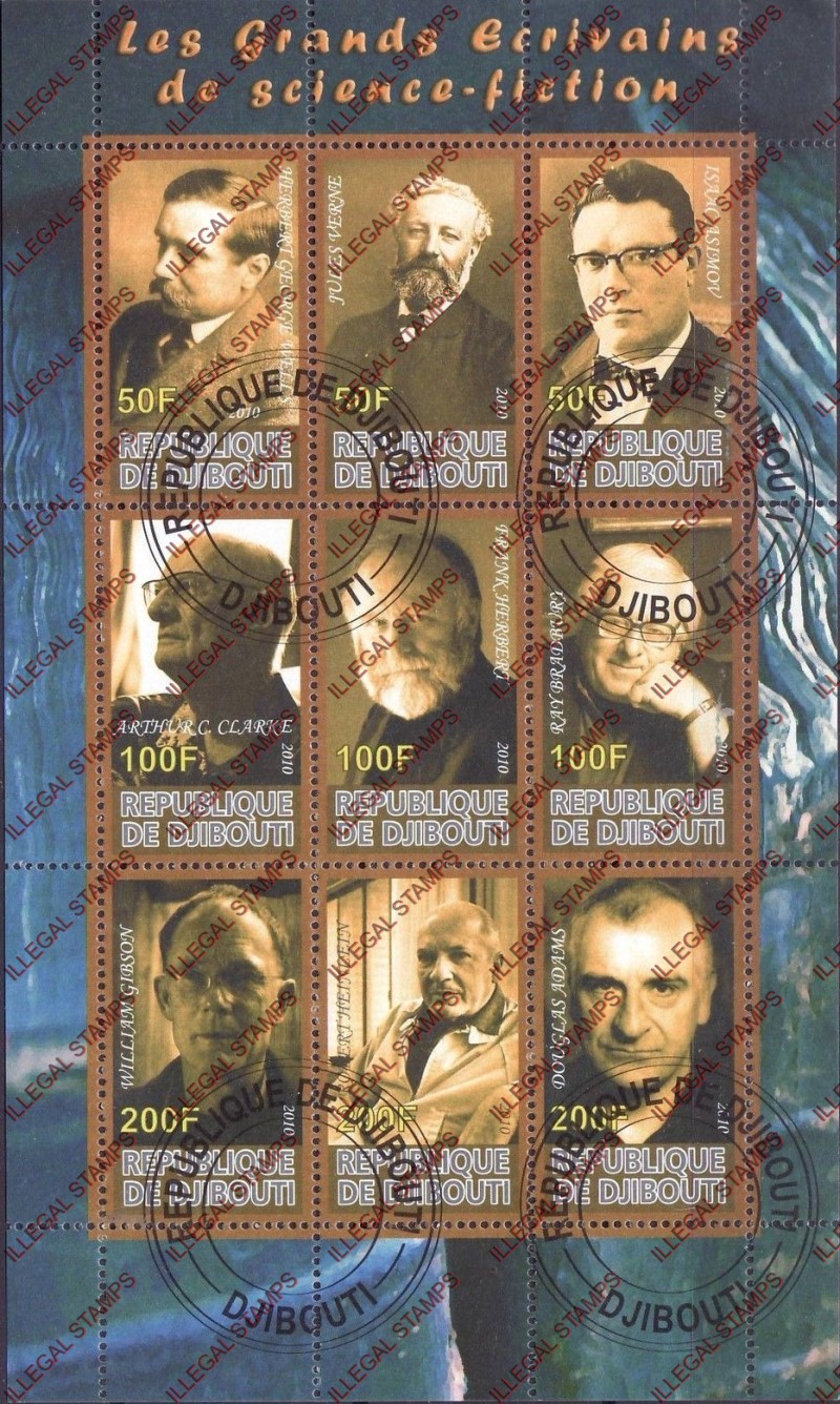 Djibouti 2010 Great Science Fiction Writers Illegal Stamp Sheetlet of 9 Djibouti 2010 Great Science Fiction Writers Illegal Stamp Sheetlet of 9