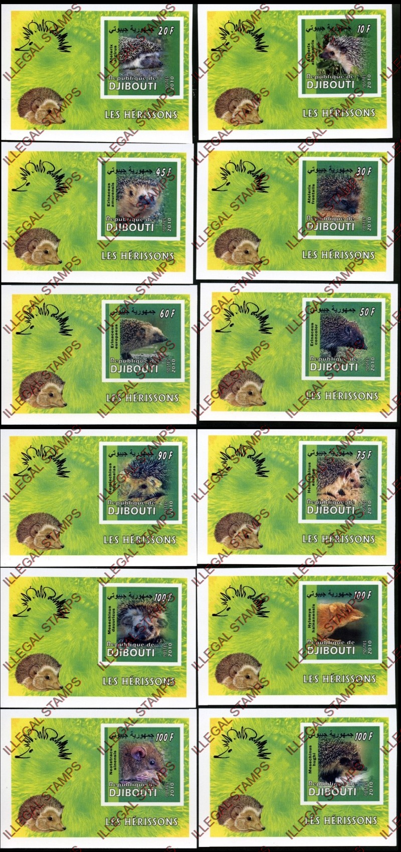 Djibouti 2010 Hedgehogs Illegal Stamp Souvenir Sheets of 1 Djibouti 2010 Hedgehogs Illegal Stamp Souvenir Sheets of 1