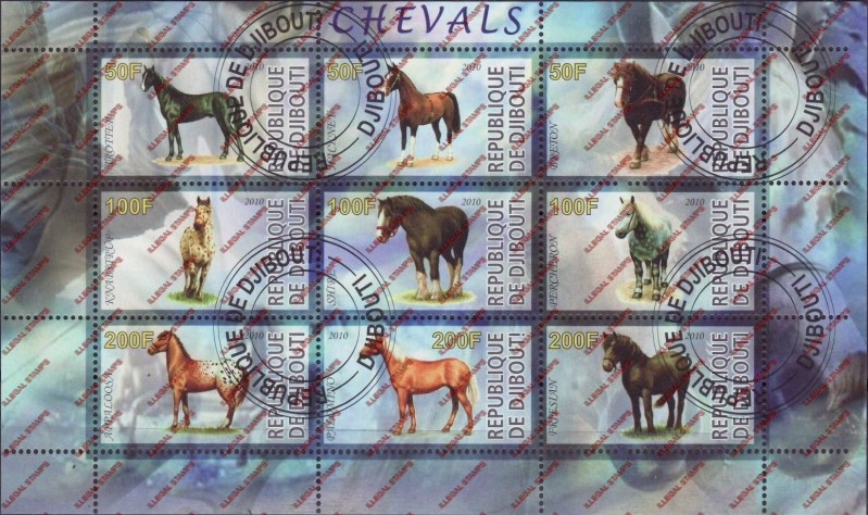 Djibouti 2010 Horses Illegal Stamp Sheetlet of 9 Djibouti 2010 Horses Illegal Stamp Sheetlet of 9