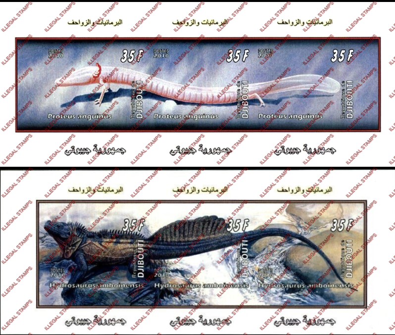Djibouti 2010 Lizards Eels Illegal Stamp Souvenir Sheets of 3 Djibouti 2010 Lizards Eels Illegal Stamp Souvenir Sheets of 3