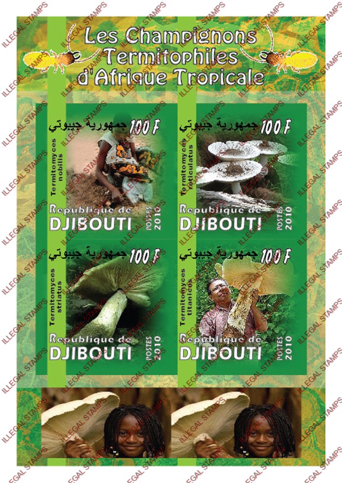 Djibouti 2010 Mushrooms Illegal Stamp Souvenir Sheet of 4 Djibouti 2010 Mushrooms Illegal Stamp Souvenir Sheet of 4