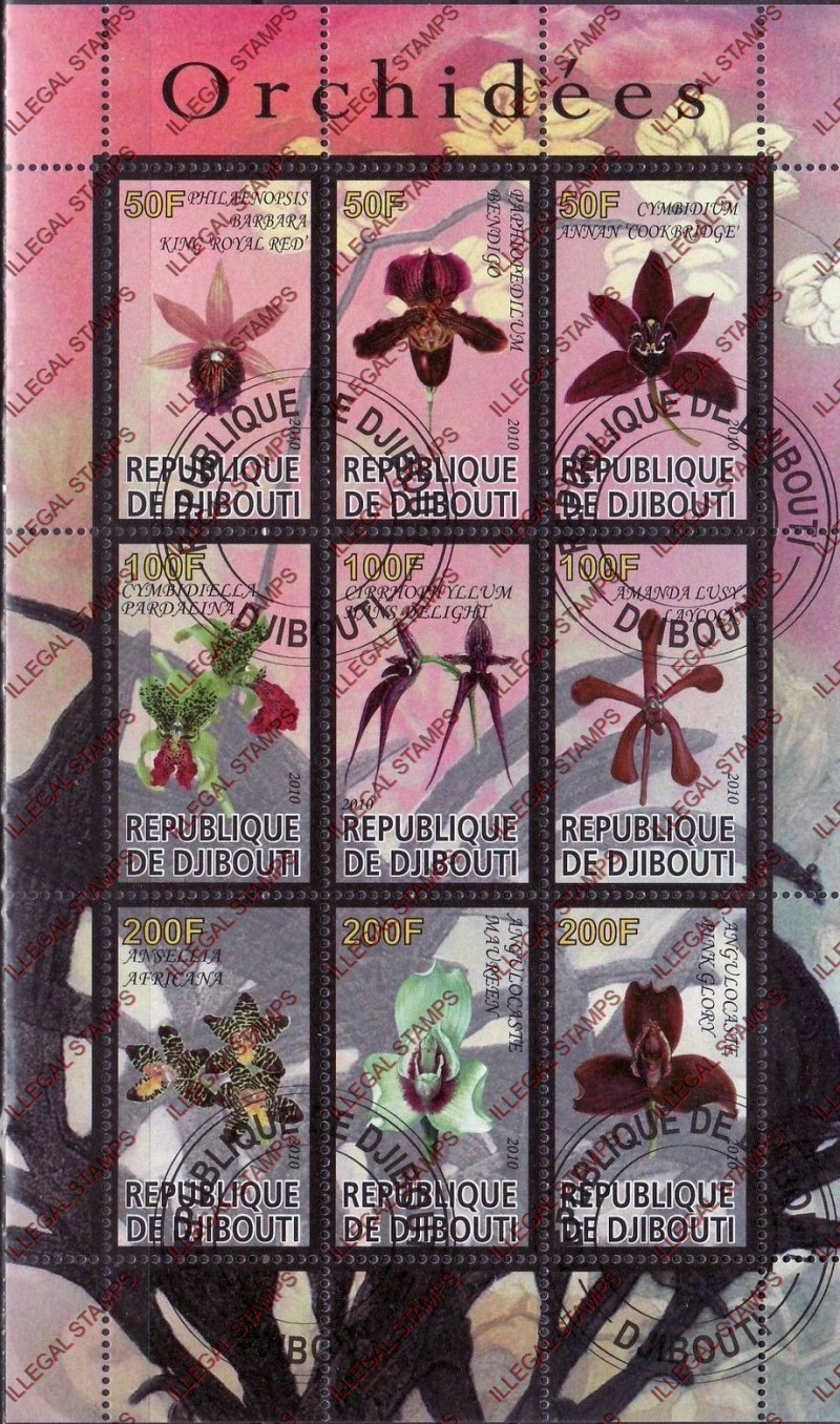 Djibouti 2010 Orchids Illegal Stamp Sheetlet of 9 Djibouti 2010 Orchids Illegal Stamp Sheetlet of 9