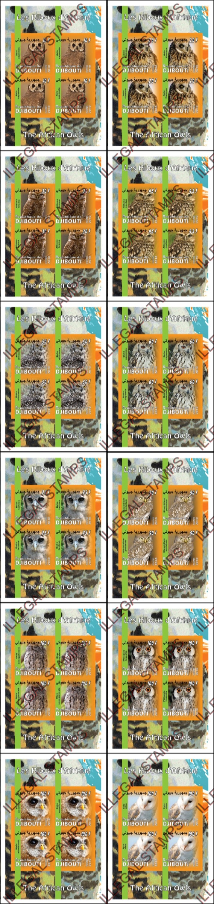 Djibouti 2010 Owls Illegal Stamp Deluxe Souvenir Sheets of 4 Djibouti 2010 Owls Illegal Stamp Deluxe Souvenir Sheets of 4