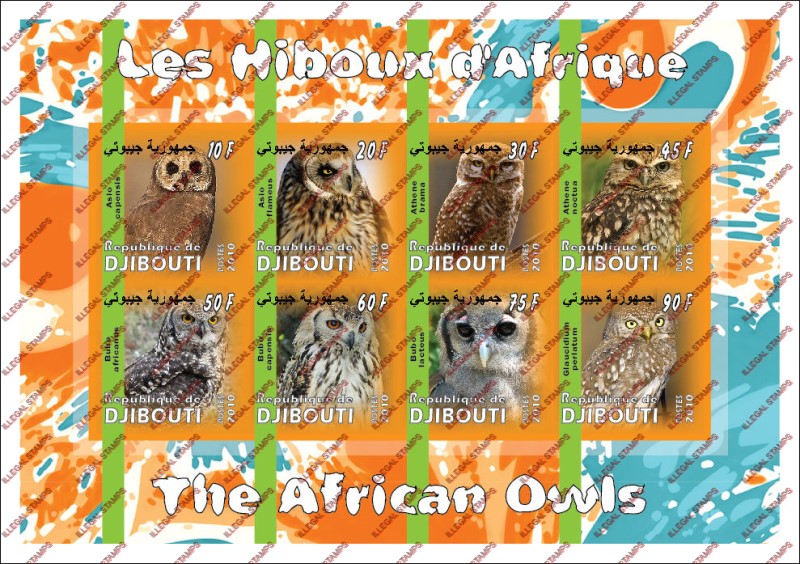 Djibouti 2010 Owls Illegal Stamp Sheetlet of 8 Djibouti 2010 Owls Illegal Stamp Sheetlet of 8