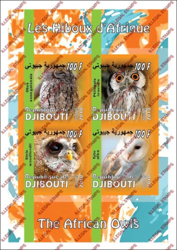 Djibouti 2010 Owls Illegal Stamp Souvenir Sheet of 4 Djibouti 2010 Owls Illegal Stamp Souvenir Sheet of 4