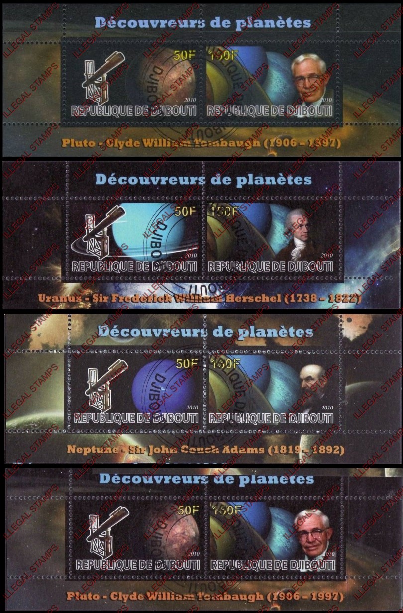 Djibouti 2010 Planet Discoverers Illegal Stamp Souvenir Sheets of 2 Djibouti 2010 Planet Discoverers Illegal Stamp Souvenir Sheets of 2