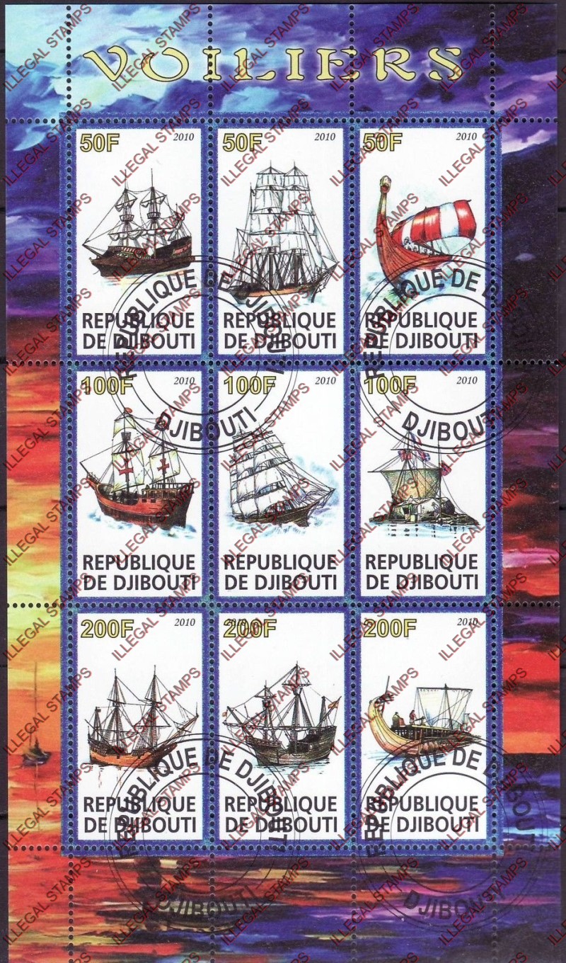 Djibouti 2010 Sailing Ships Illegal Stamp Sheetlet of 9 Djibouti 2010 Sailing Ships Illegal Stamp Sheetlet of 9