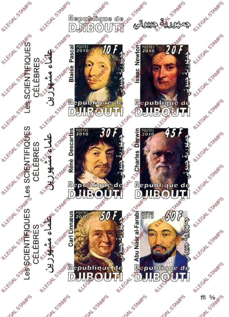 Djibouti 2010 Scientists Illegal Stamp Sheetlet of 6 Djibouti 2010 Scientists Illegal Stamp Sheetlet of 6