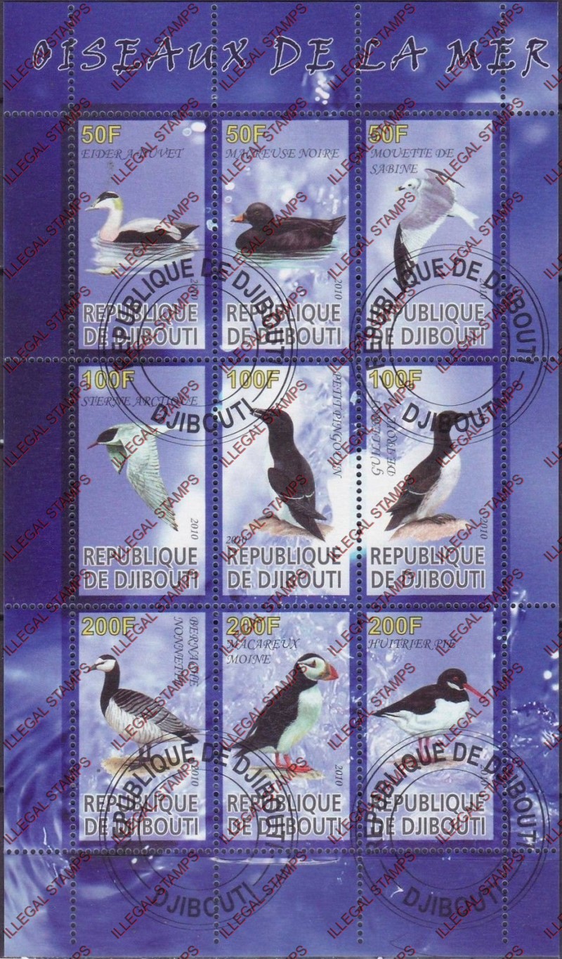 Djibouti 2010 Sea Birds Illegal Stamp Sheetlet of 9 Djibouti 2010 Sea Birds Illegal Stamp Sheetlet of 9