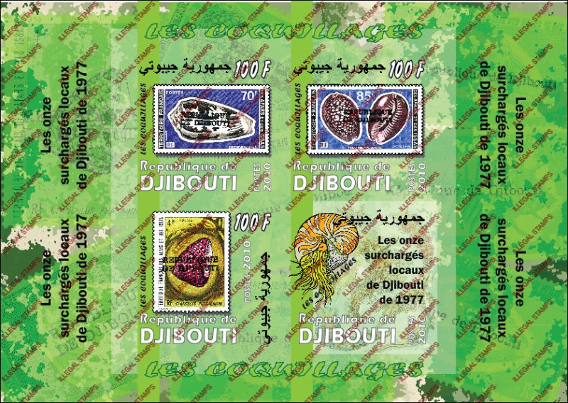 Djibouti 2010 Sea Shells Illegal Stamp Souvenir Sheet of 4 Djibouti 2010 Sea Shells Illegal Stamp Souvenir Sheet of 4