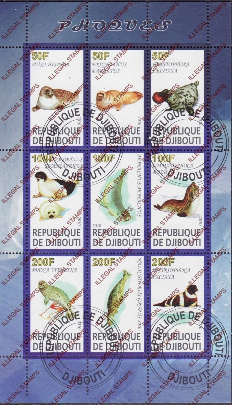 Djibouti 2010 Seals Illegal Stamp Sheetlet of 9 Djibouti 2010 Seals Illegal Stamp Sheetlet of 9