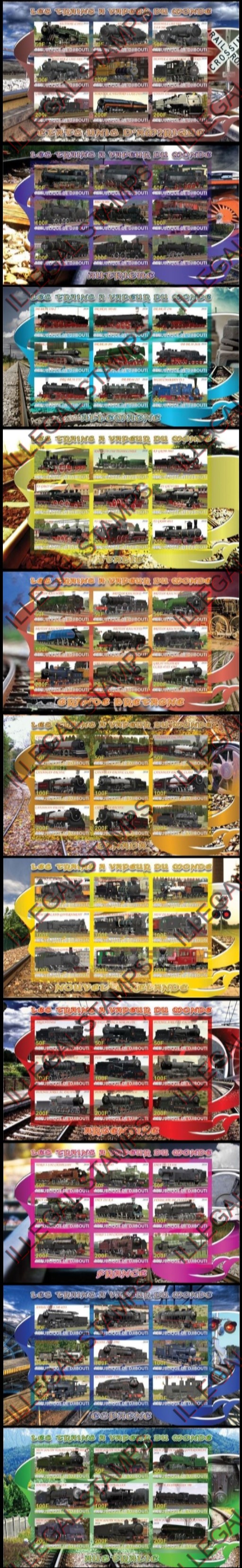 Djibouti 2010 Steam Locomotives of the World Illegal Stamp Sheetlets of 9 Djibouti 2010 Steam Locomotives of the World Illegal Stamp Sheetlets of 9