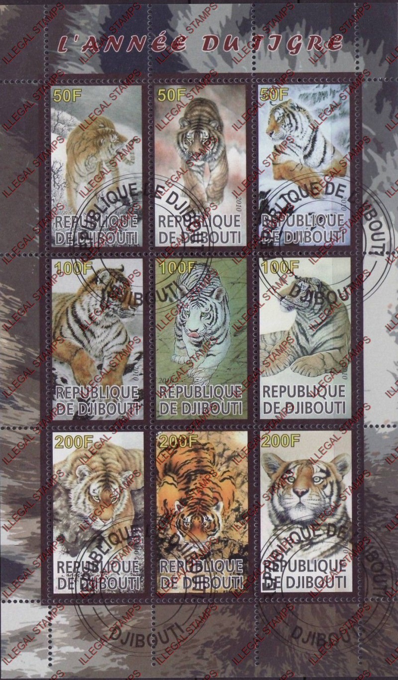 Djibouti 2010 Tigers Illegal Stamp Sheetlet of 9 Djibouti 2010 Tigers Illegal Stamp Sheetlet of 9