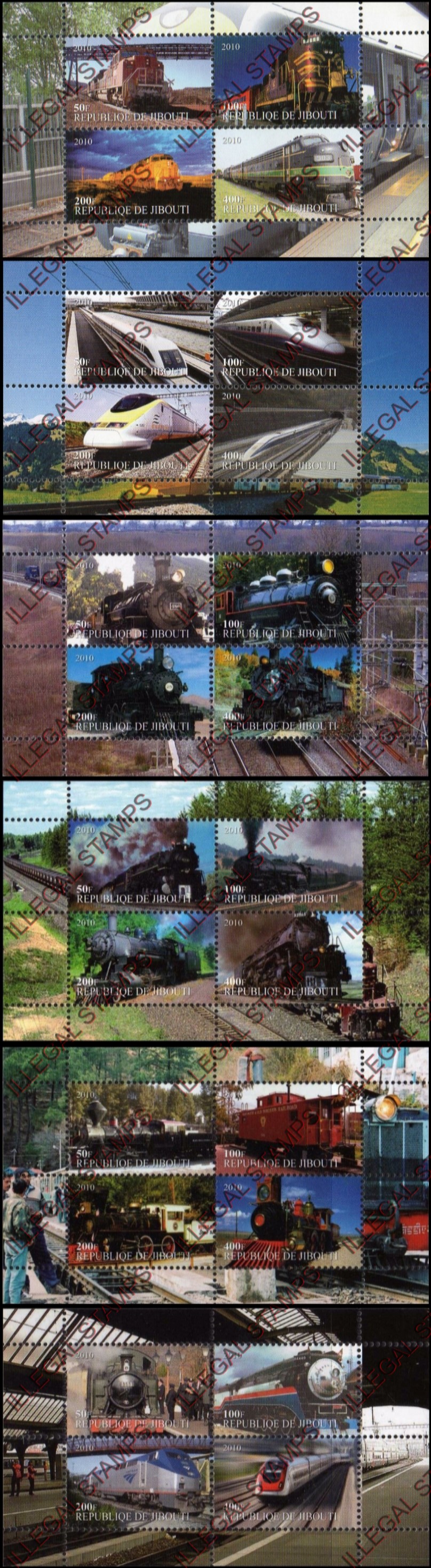 Djibouti 2010 Trains Illegal Stamp Souvenir Sheets of 4 Djibouti 2010 Trains Illegal Stamp Souvenir Sheets of 4