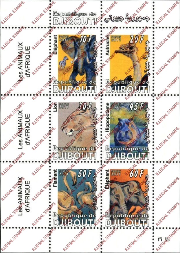 Djibouti 2011 African Animals Illegal Stamp Sheetlet of 6 Djibouti 2011 African Animals Illegal Stamp Sheetlet of 6