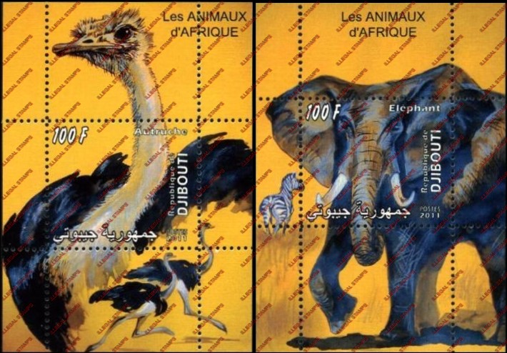 Djibouti 2011 African Animals Illegal Stamp Souvenir Sheets of 1 Djibouti 2011 African Animals Illegal Stamp Souvenir Sheets of 1