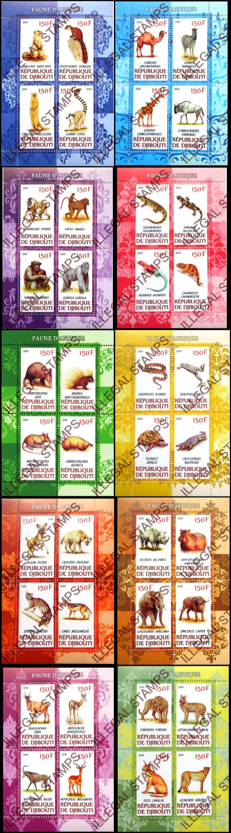 Djibouti 2011 African Fauna Illegal Stamp Souvenir Sheets of 4 Djibouti 2011 African Fauna Illegal Stamp Souvenir Sheets of 4
