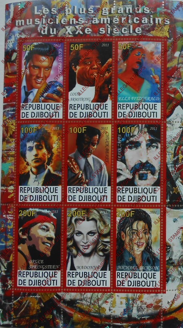 Djibouti 2011 Great American Pop Singers Illegal Stamp Sheetlet of 9 Djibouti 2011 Great American Pop Singers Illegal Stamp Sheetlet of 9