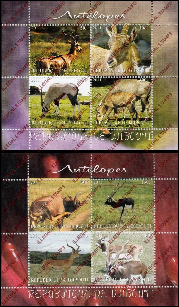 Djibouti 2011 Animals Antelope Illegal Stamp Souvenir Sheets of 4 Djibouti 2011 Animals Antelope Illegal Stamp Souvenir Sheets of 4