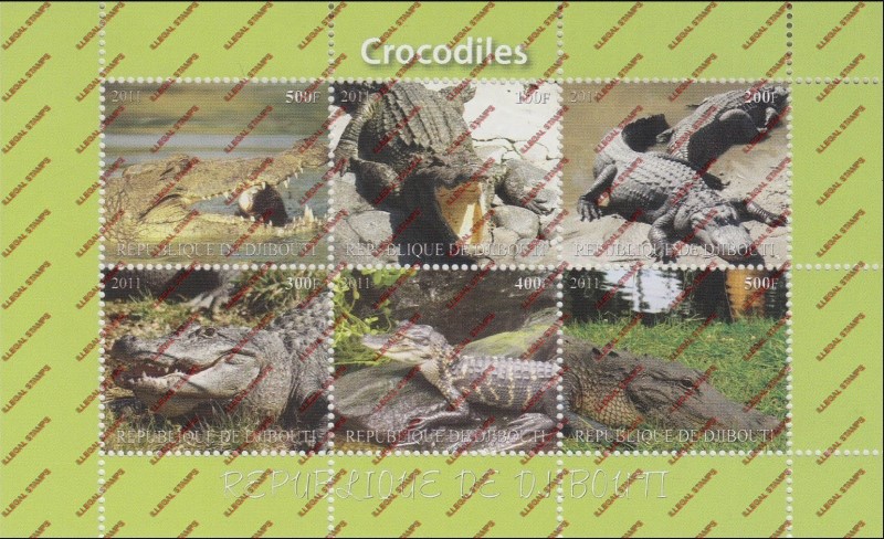 Djibouti 2011 Animals Crocodiles Illegal Stamp Sheetlet of 6 Djibouti 2011 Animals Crocodiles Illegal Stamp Sheetlet of 6