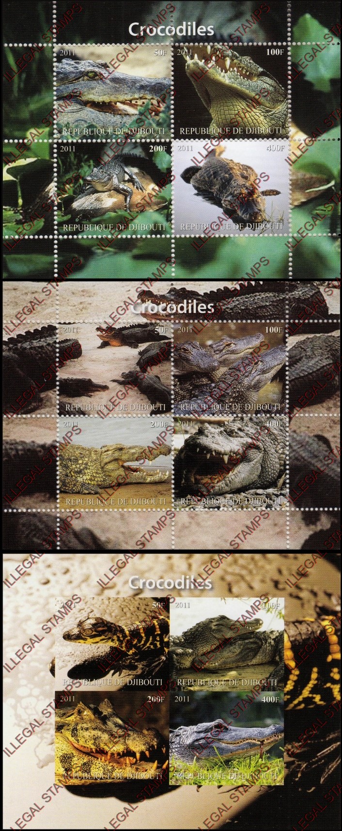 Djibouti 2011 Animals Crocodiles Illegal Stamp Souvenir Sheets of 4 Djibouti 2011 Animals Crocodiles Illegal Stamp Souvenir Sheets of 4